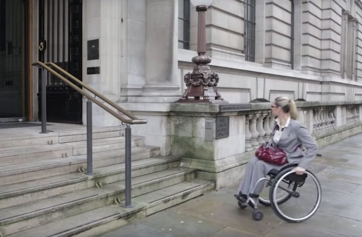 This lady in a wheelchair couldn’t climb the stairs, but watch what happens when she pushes the button